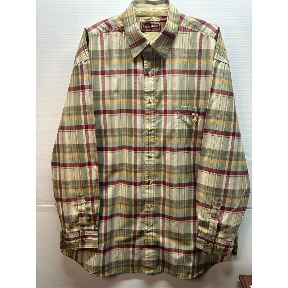Cotton Works Men's 2XLT Plaid Button Down Shirt Long Sleeve Tall Multi-Color